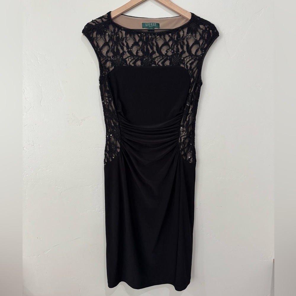 Ralph Lauren Size 4 Black Stretch Knit Lace Sheath Cocktail Dress‎